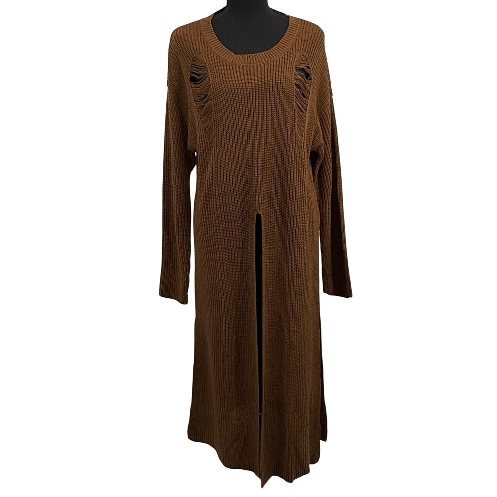 Almost Famous L‎ Distressed Slits Ribbed Maxi Knit Sweater Boho Y2K Casual Fall